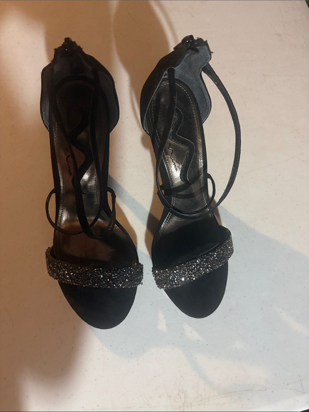 Black Embellished Ankle-Strap Women's Heels 7.5